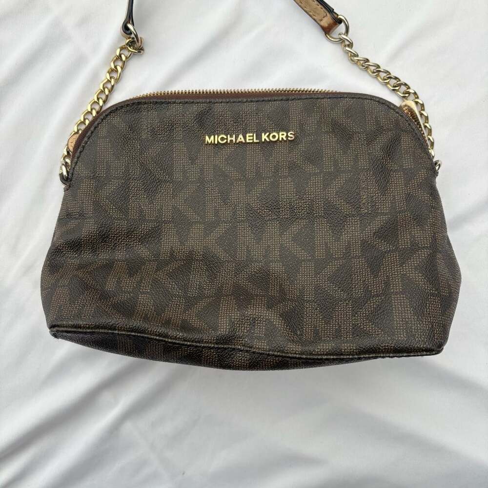 Michael Kors Brown Signature Logo Dome Chain Crossbody Bag